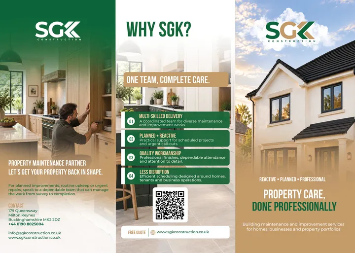 The SGK Construction brochure, outside spread with the front cover