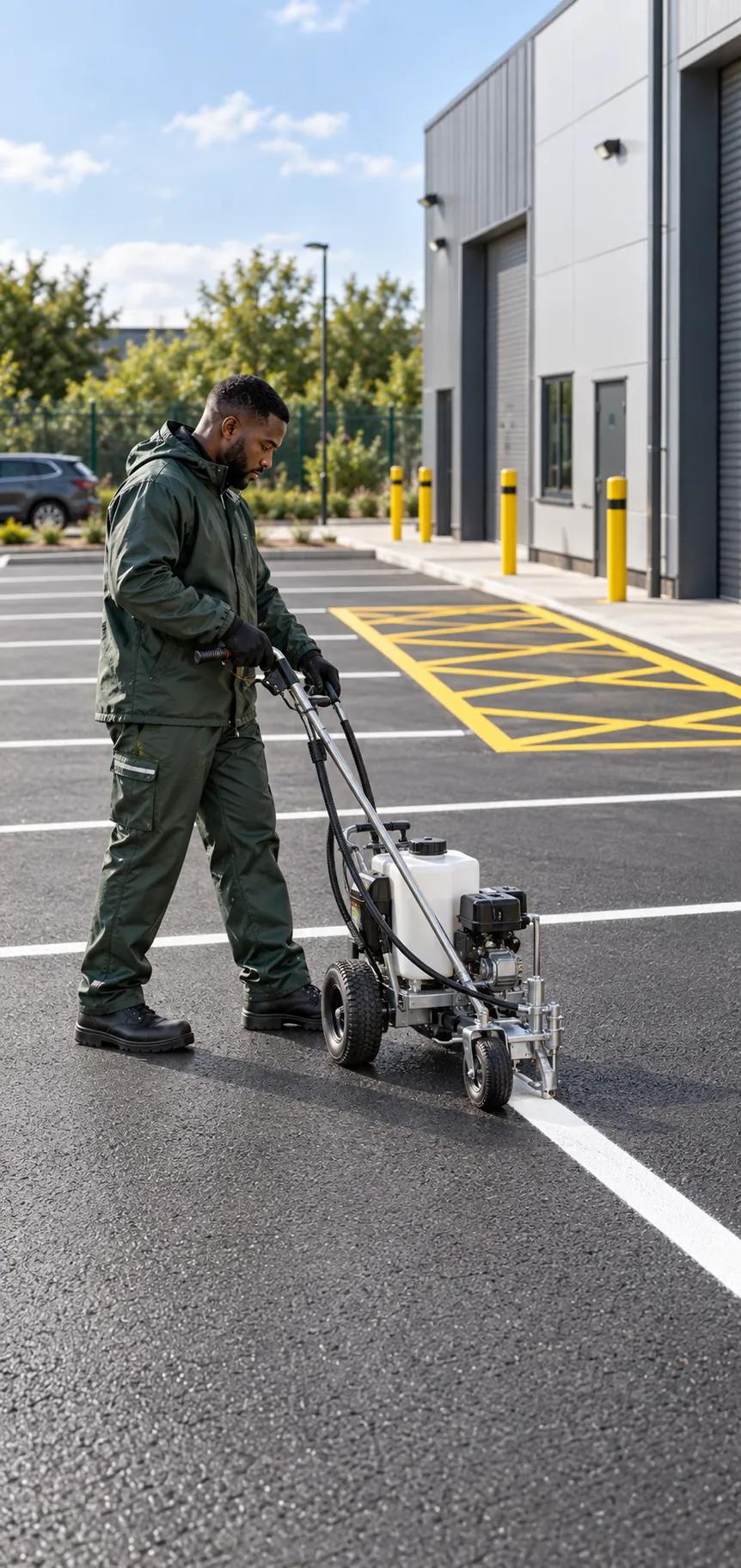 Operative marking car park bays at a commercial site