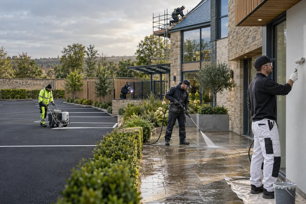 Maintenance team painting a house exterior and pressure washing the paving